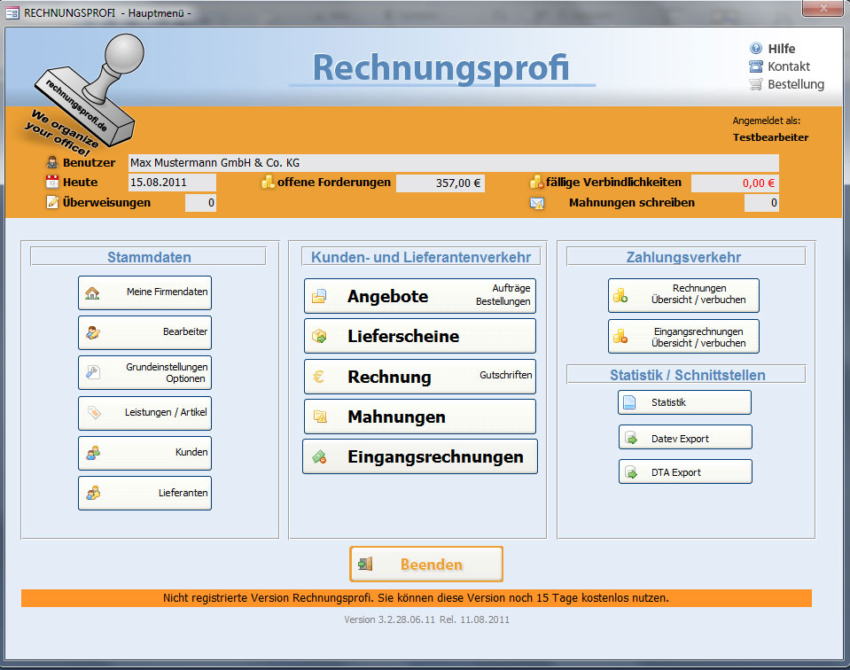 Screenshot vom Programm: Rechnungsprofi
